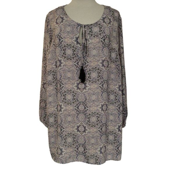 DR2 Muted Print Pullover Tunic Top Hi-Low Hem Long Sleeves Mauve Multi PLUS  1X - Picture 1 of 6